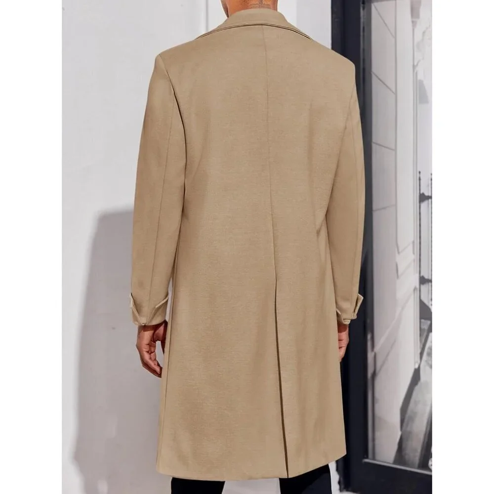 Men's Khaki Notch Lapel Double Breasted Long Trench Coat Cotton Blend Pea coat